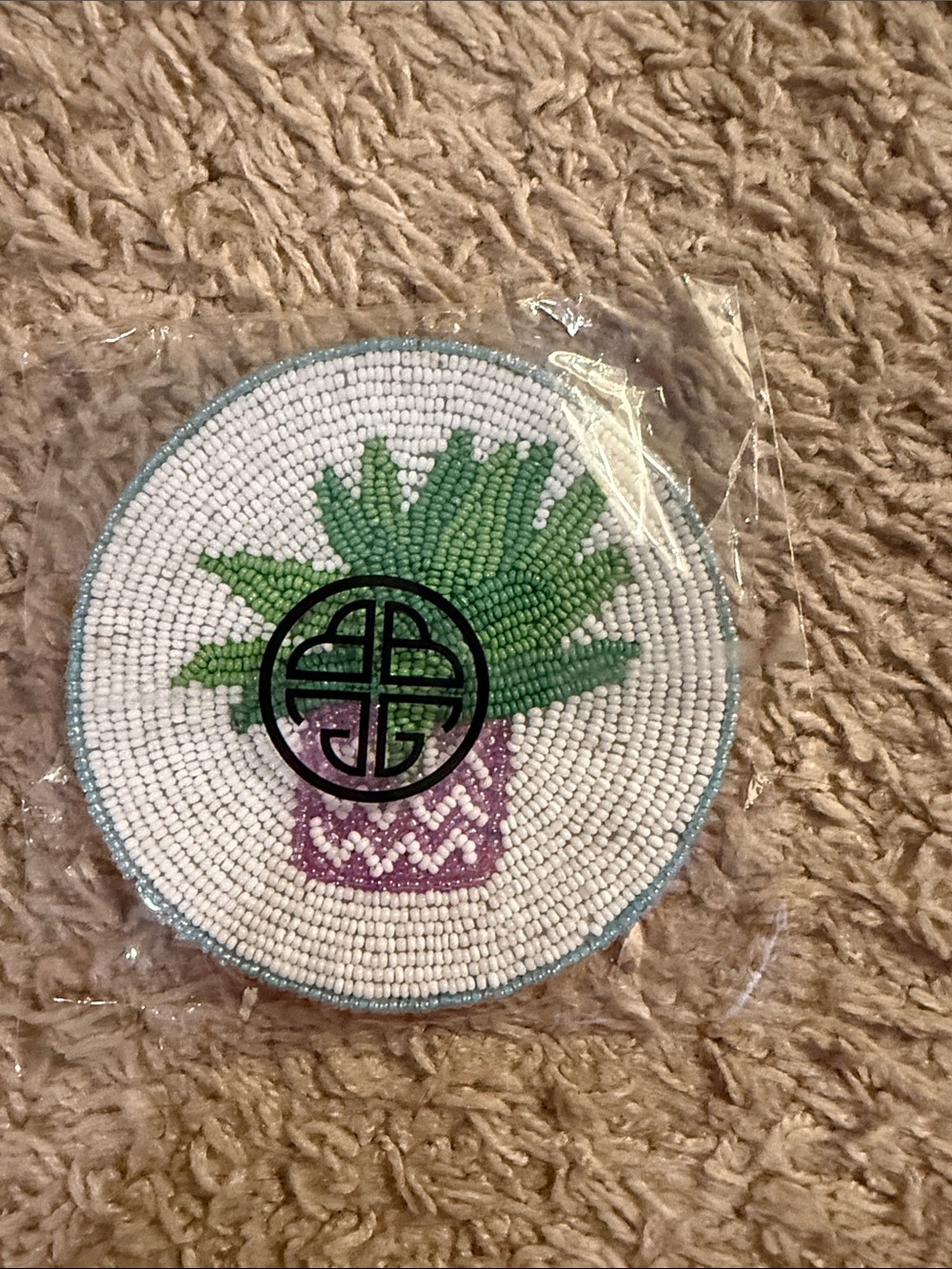 Beaded Potted Plant Coaster Set - Green - Picture 2 of 2